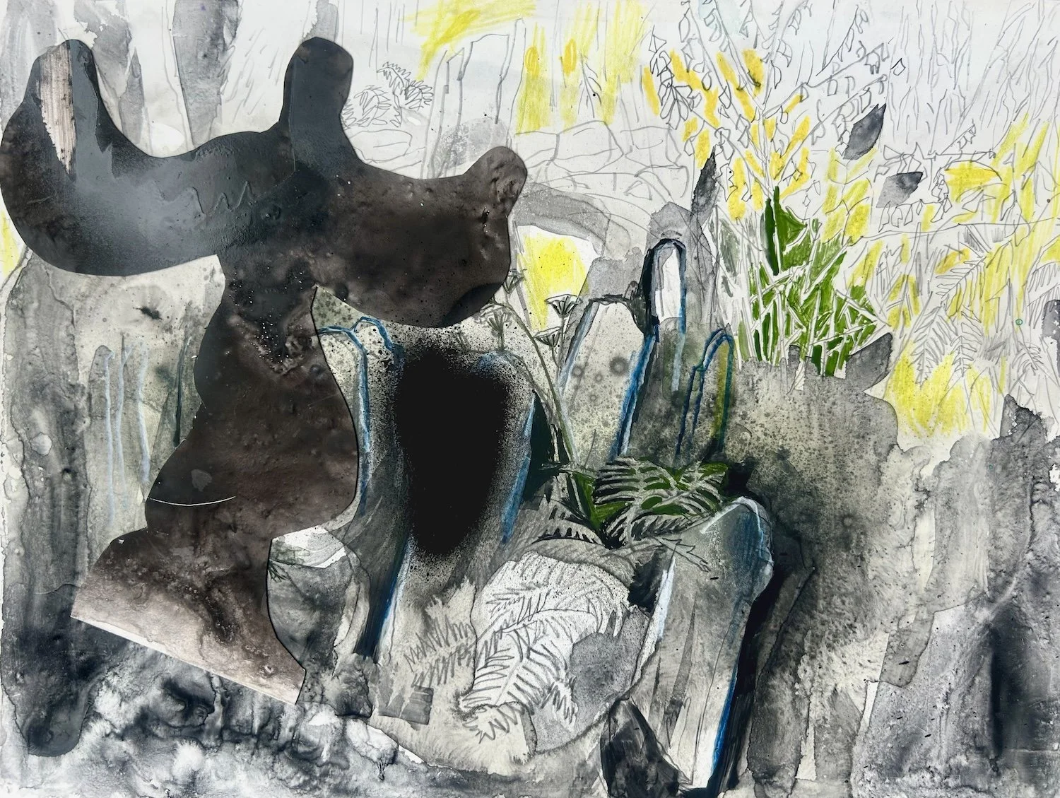 Sculpture and Graveyard | mixed media on yupo | 9 by 12 inches | 2026
