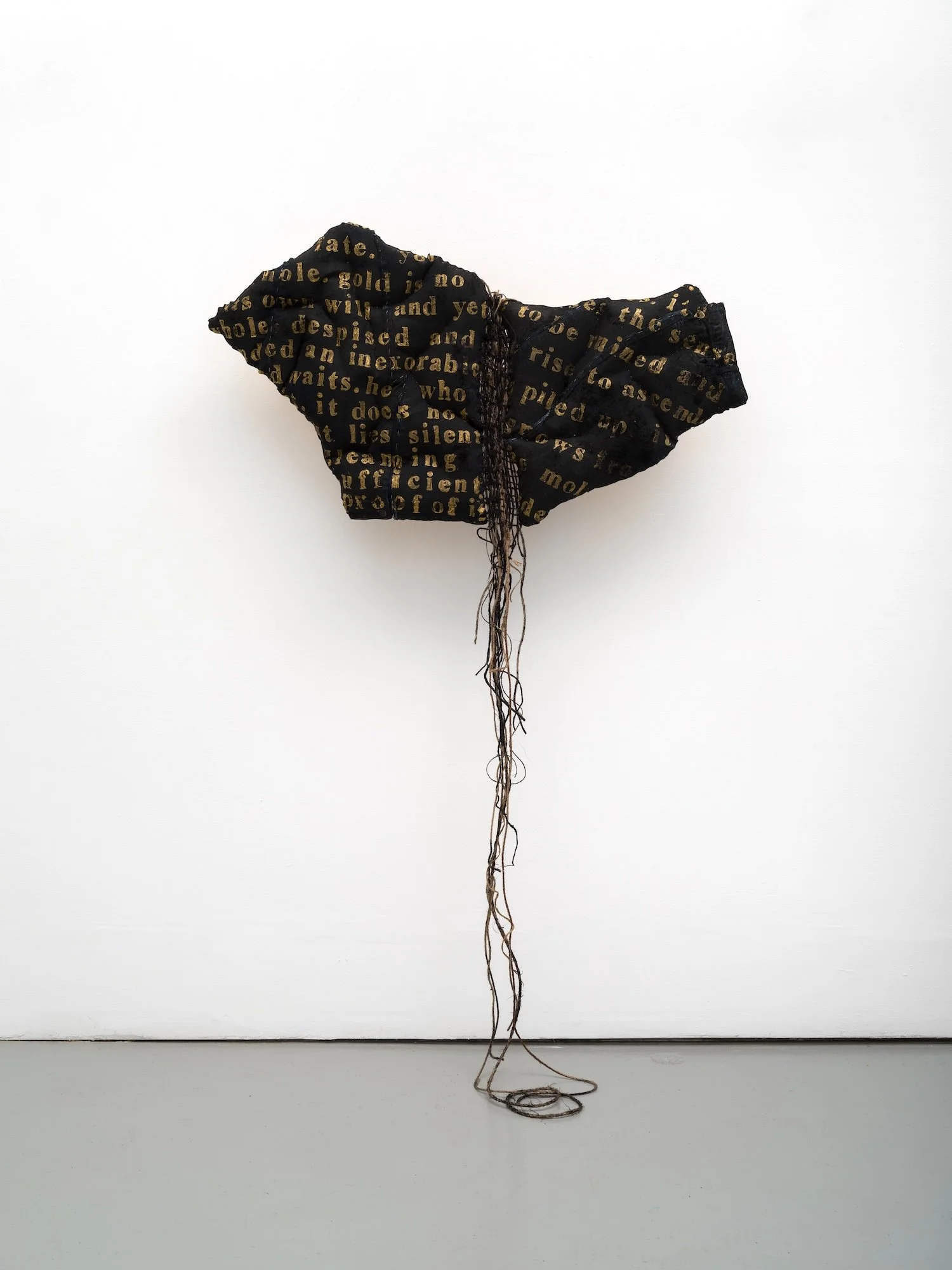 to be ruined and rise | Thrift store denim, fabric, paint, twine; text from The Red Book by Carl Jung | 24 by 44 by 3 inches | 2025