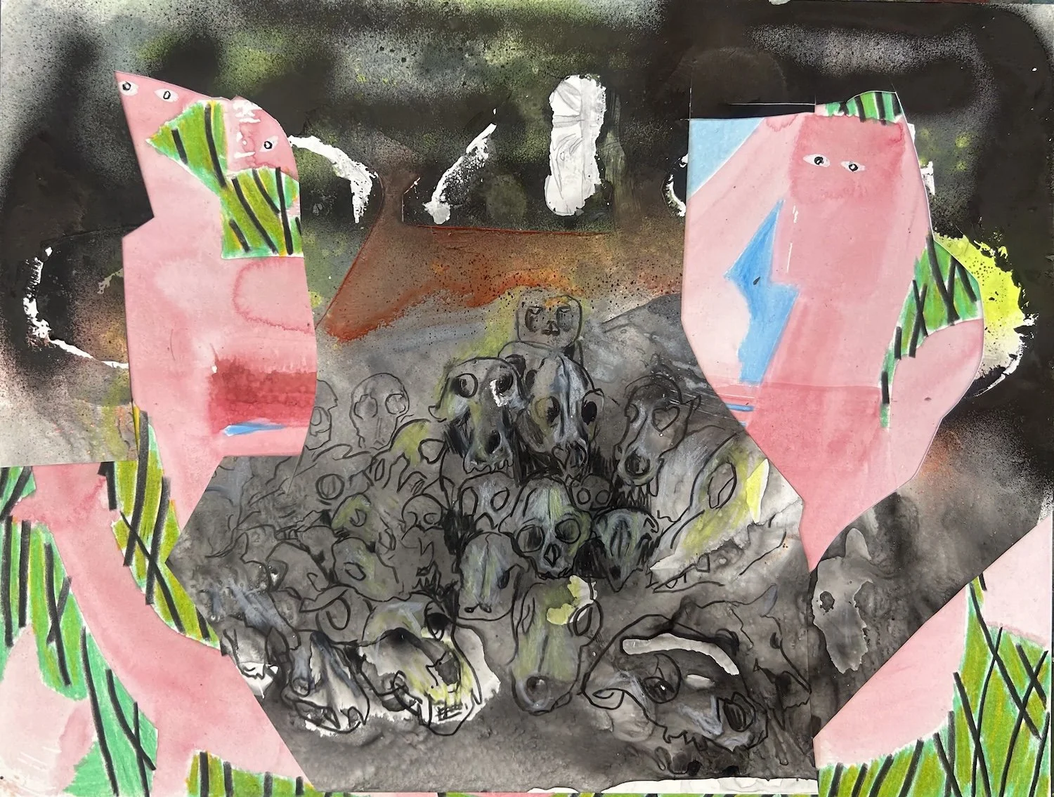 Ossuary with Watchers | mixed media | 9 by 12 inches | 2026