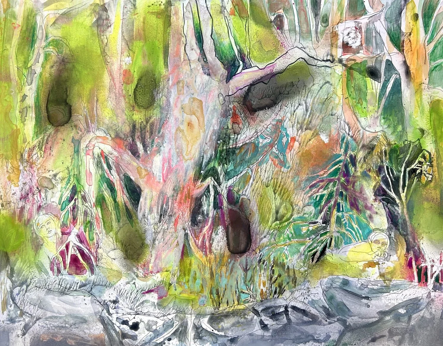 Two Bathers in the Brambles | mixed media on yupo | 11 by 14 inches | 2024