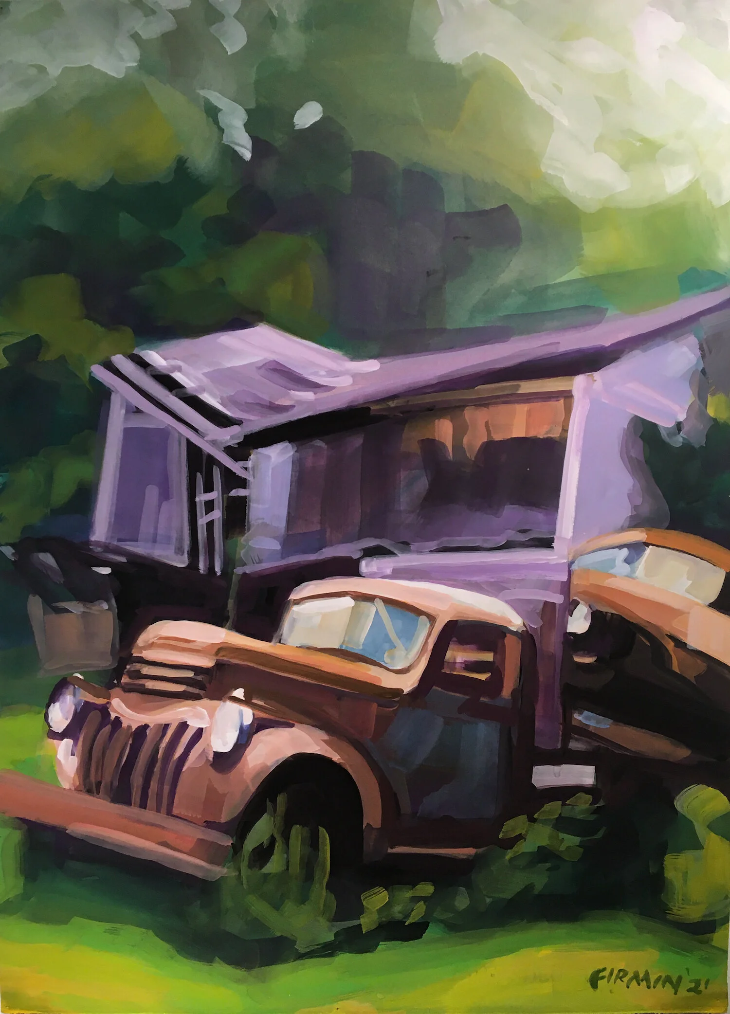 Old Truck, Route 28,  gouache on watercolor paper,  26 by 19 inches, 2021
