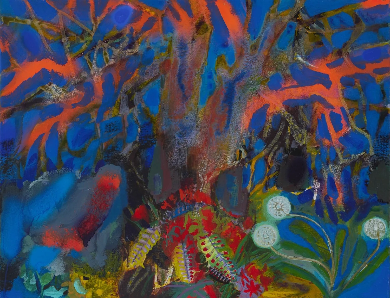 Yew with Dandelions and Crocosmia | 16 by 20 inches | 2025