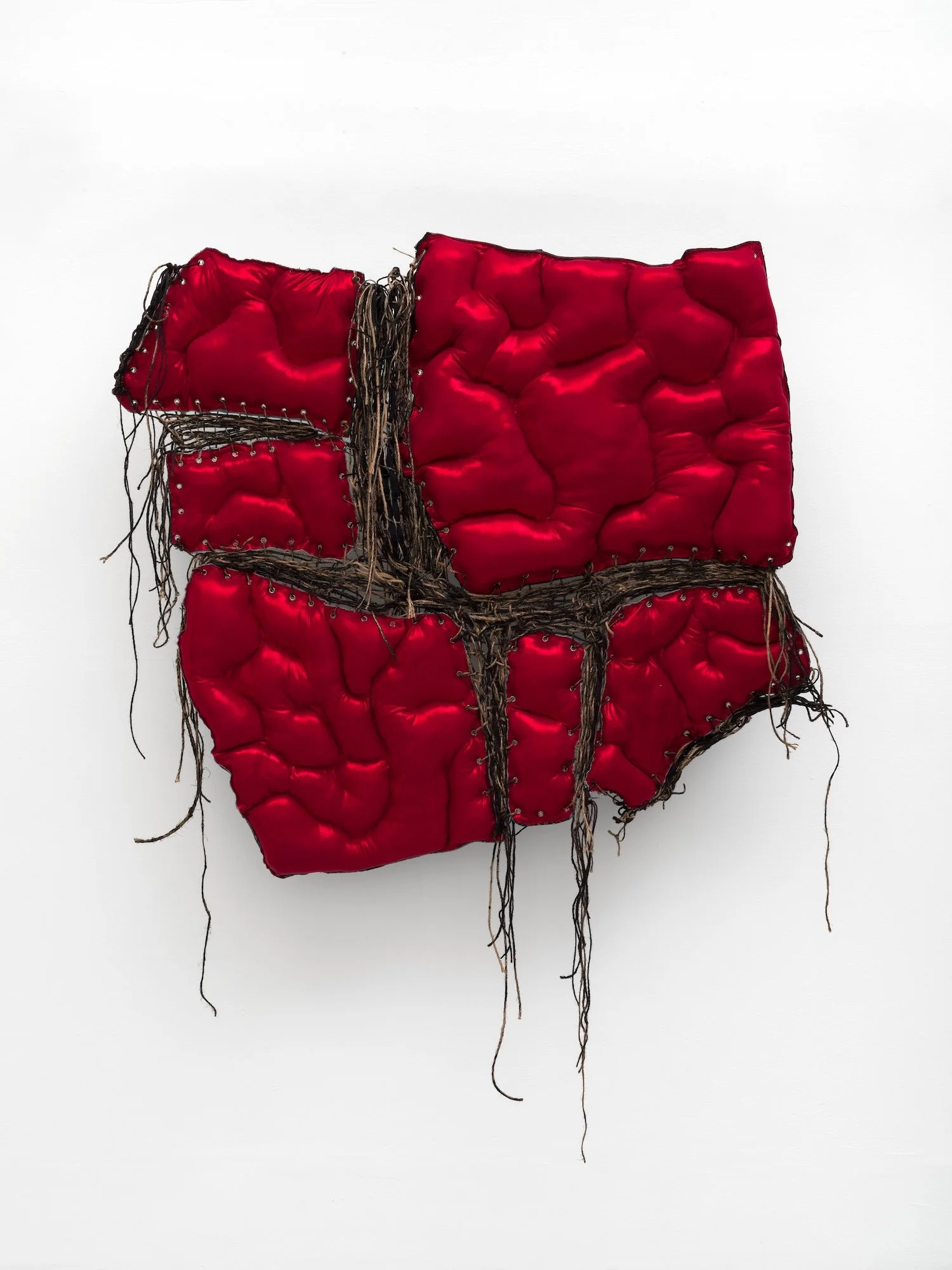 a long way short 2 | Thrift store denim, twine, fabric, paint, chalk; text from "Monochrome Memories" by Paul Grainge, "The Simple Truth: The Monochrome in Modern Art" by Simon Morley, and "Psychological Dimensions of Mystery" by JP Varani | 43 by 44