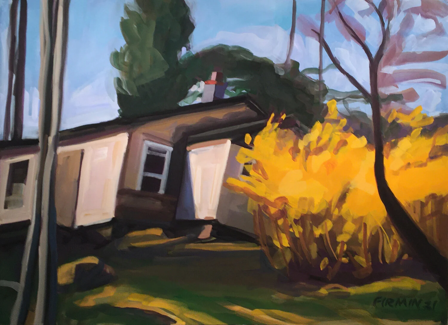 Forsythia, Platner Brook,  gouache on watercolor paper,  26 by 19 inches, 2021