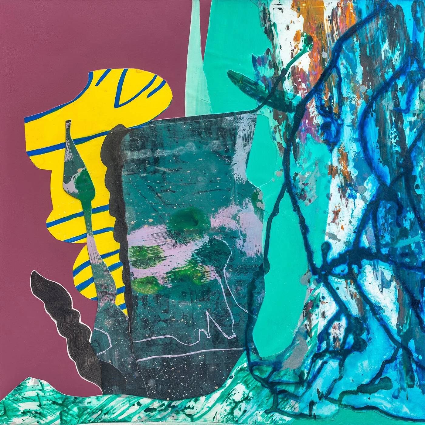 Abstract mixed media artwork by Nastia Craig featuring turquoise, deep blue, yellow, and mauve shapes, layered textures, and flowing organic forms.