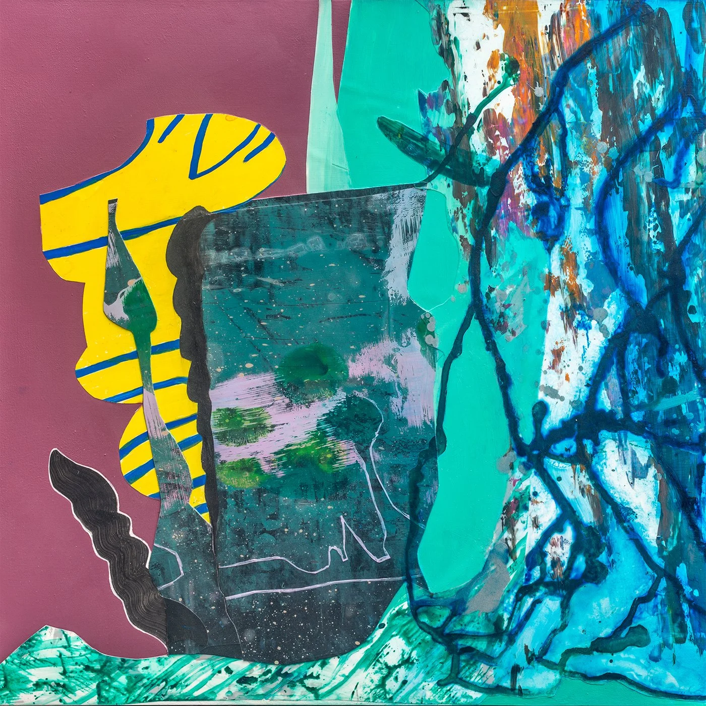 Abstract mixed media artwork by Nastia Craig featuring turquoise, deep blue, yellow, and mauve shapes, layered textures, and flowing organic forms.