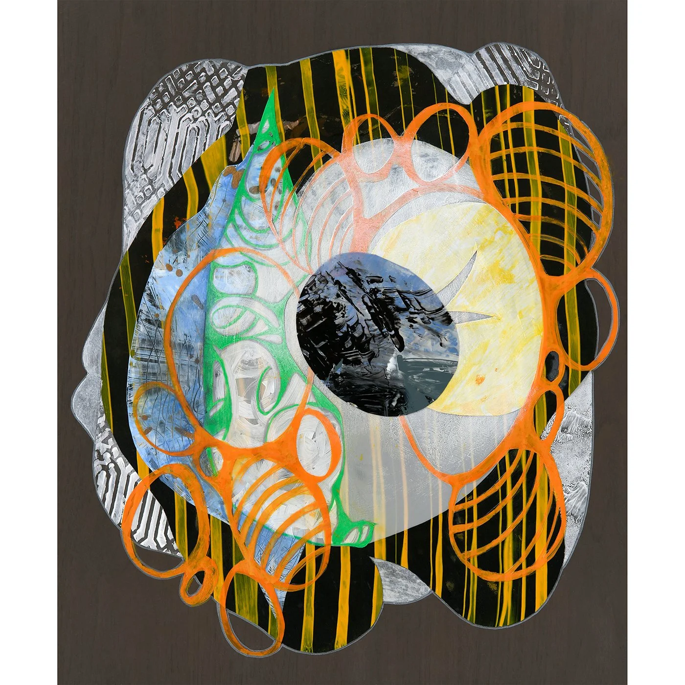 “In the Foreseeable Future” by Nastia Craig, an abstract mixed-media artwork on an irregularly shaped panel featuring vibrant orange loops, green organic forms, yellow and black stripes, and layered b