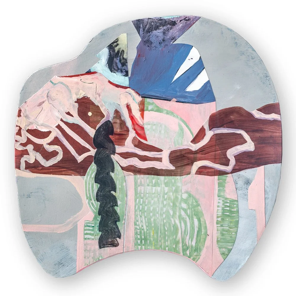 Abstract artwork with layered shapes in pink, green, rust, pale blue and deep blue, suggesting a shifting landscape