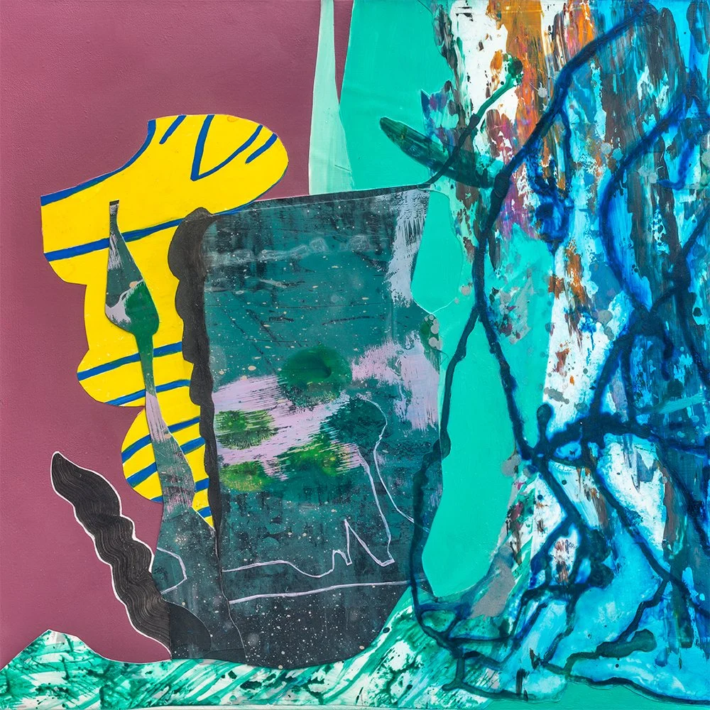 Abstract mixed media artwork by Nastia Craig featuring turquoise, deep blue, yellow, and mauve shapes, layered textures, and flowing organic forms.