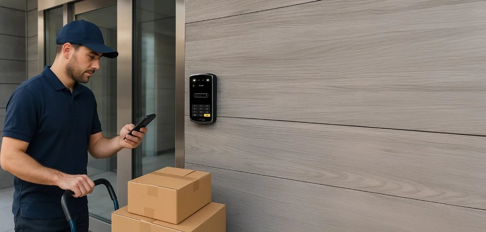 Delivery driver with packages using his phone at a building entry panel