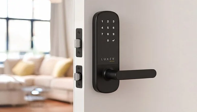 Black Luxer Access smart lock with keypad on an apartment door