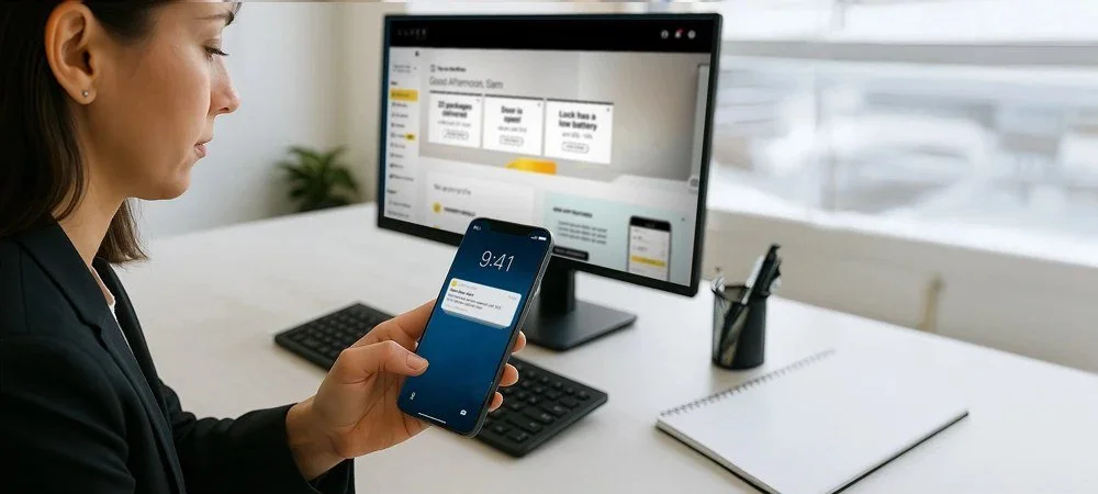 Property manager checking the Luxer dashboard on a desktop and phone