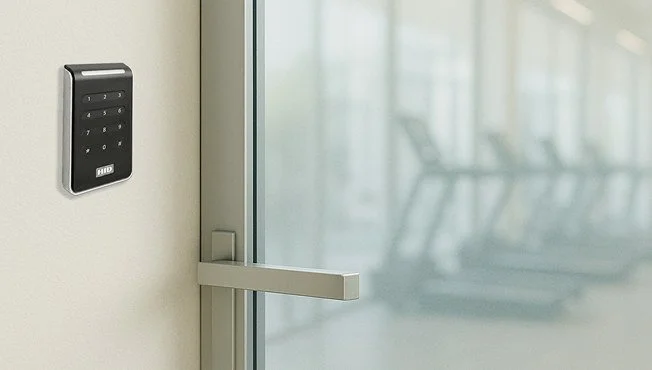 Keypad reader beside a glass door to a fitness room