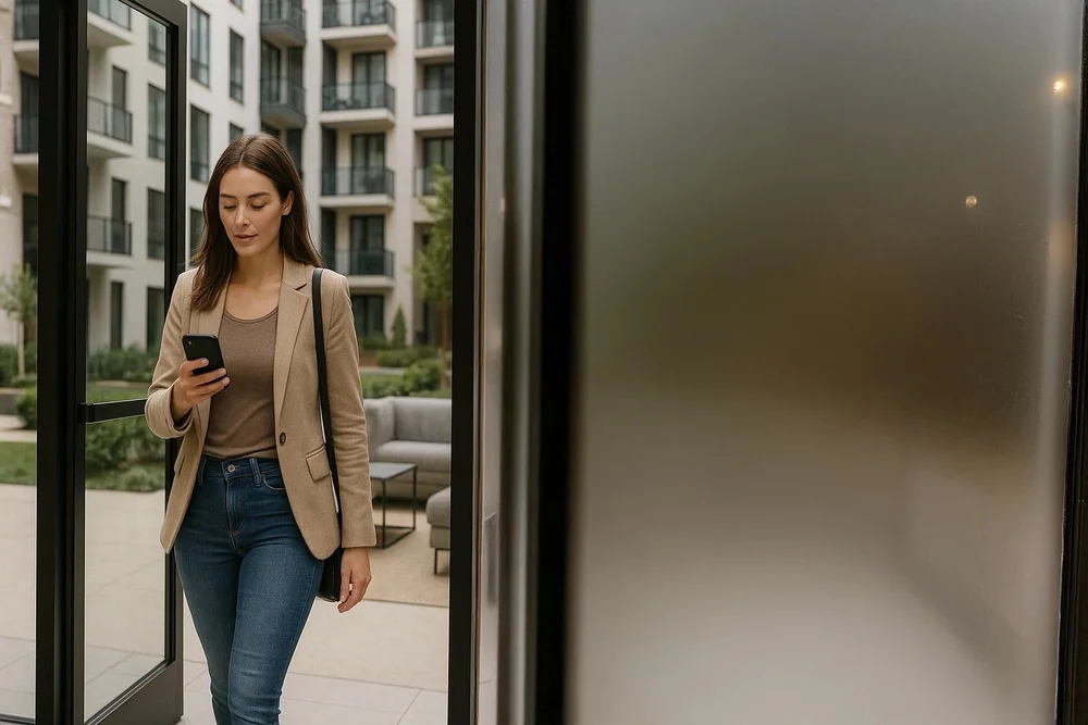Prospective resident walking through a building entrance with her phone