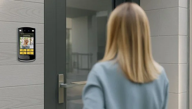 Video intercom beside a building entrance