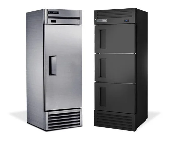 One-door stainless and three-door black refrigerated lockers