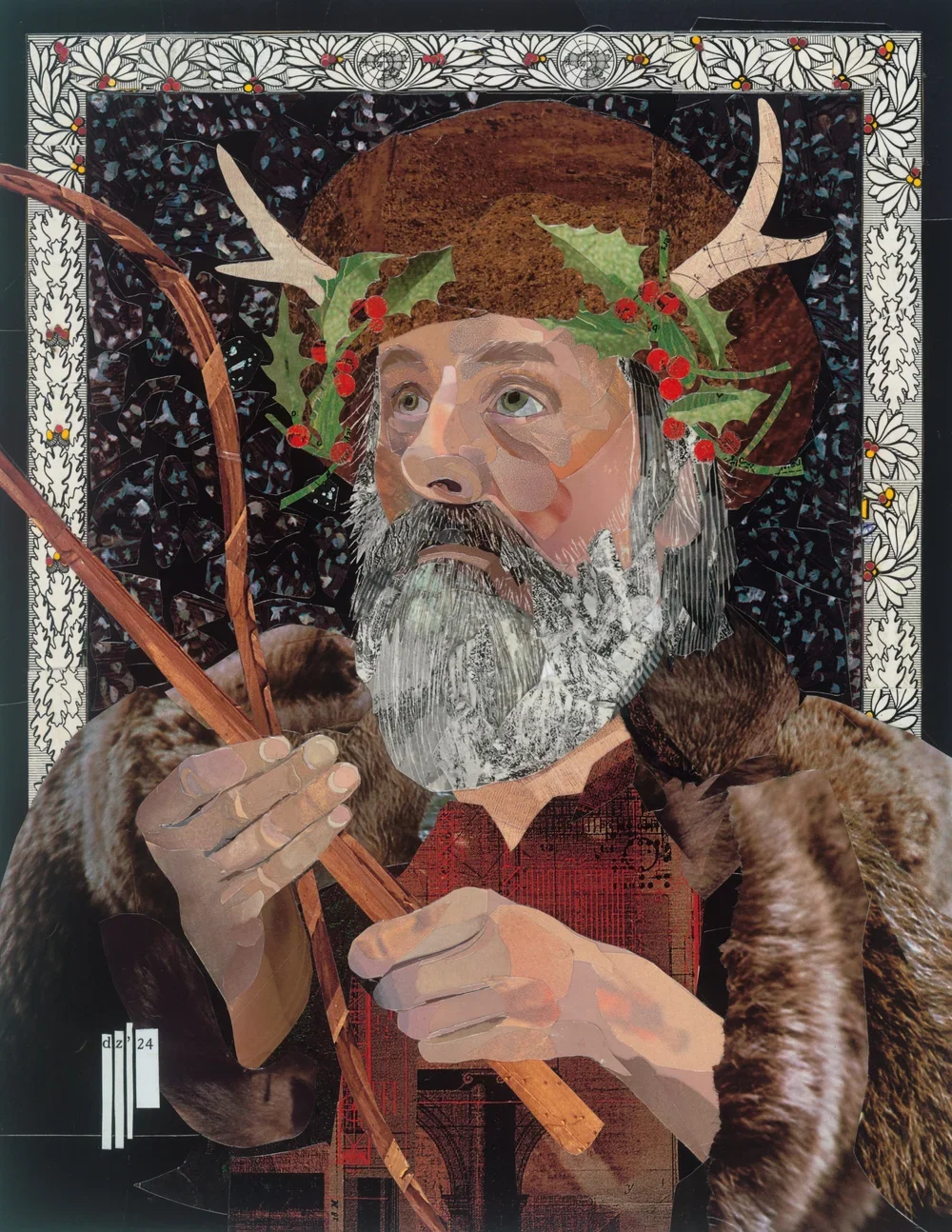Belsnickel Based on the ghoulish PA German Christmas character “Belsnickel” He rewards good children and punishes bad ones. Lancaster absurdist/artist Scott Bookman sat for the likeness. 8×10 Collage comes framed in black with UV protective plex