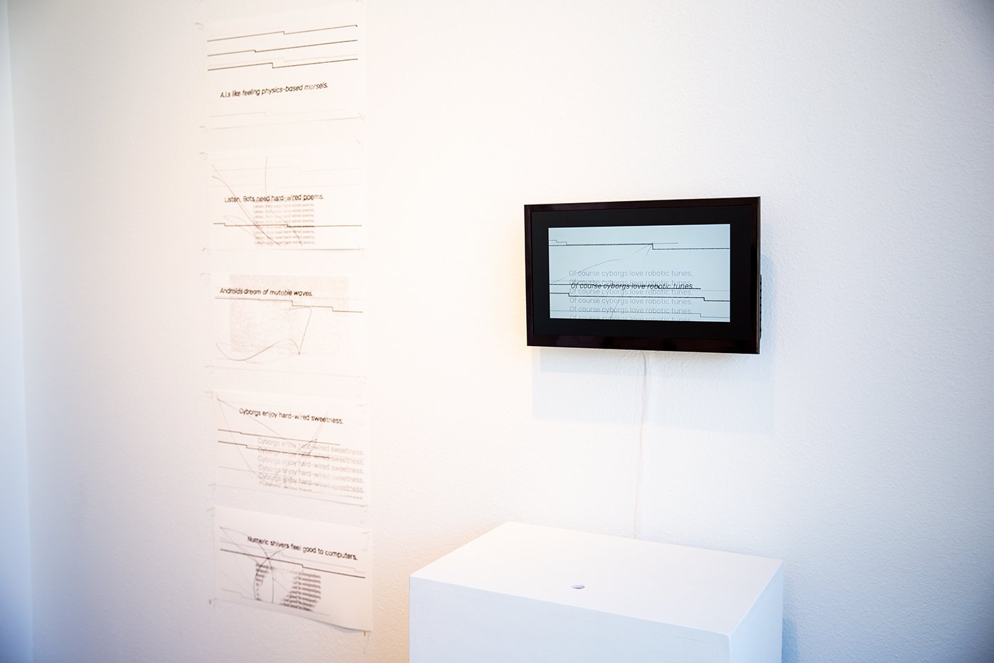 "INDULGINE" or “Indulgent Engine”
Date: 2017
Artists: Heather Kelley and Audrey Moon
Medium: Custom Software Bot, TV, Computer, Pedestal, Twitter Feed, Twitter Feed Prints
Dimensions: Approximately 3’ x 2’ x 5’ (installation with 19” TV to display Tw