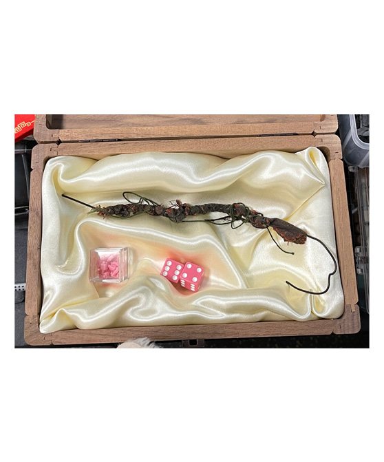 Triggered: "Dobbs Decision," Assemblage: Satin, Pink Dice, Life Women Game Pieces, Wire hanger with red wax on fabric in Wooden Box