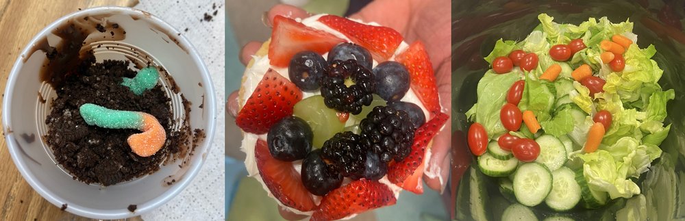  Cooking Club - featuring dirt cups as we waited for things to grow; a fruit pizza following a visit to the Community Orchard; and a salad with a few ingredients that could be found growing in the garden! 