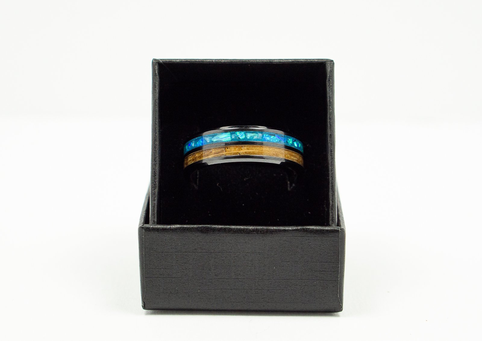 Oak Wood from a Wine Barrel, Arctic and Bahama Blue opals, Maui Blue pigment with Aqua glow on a Black Ceramic Double Channel blank