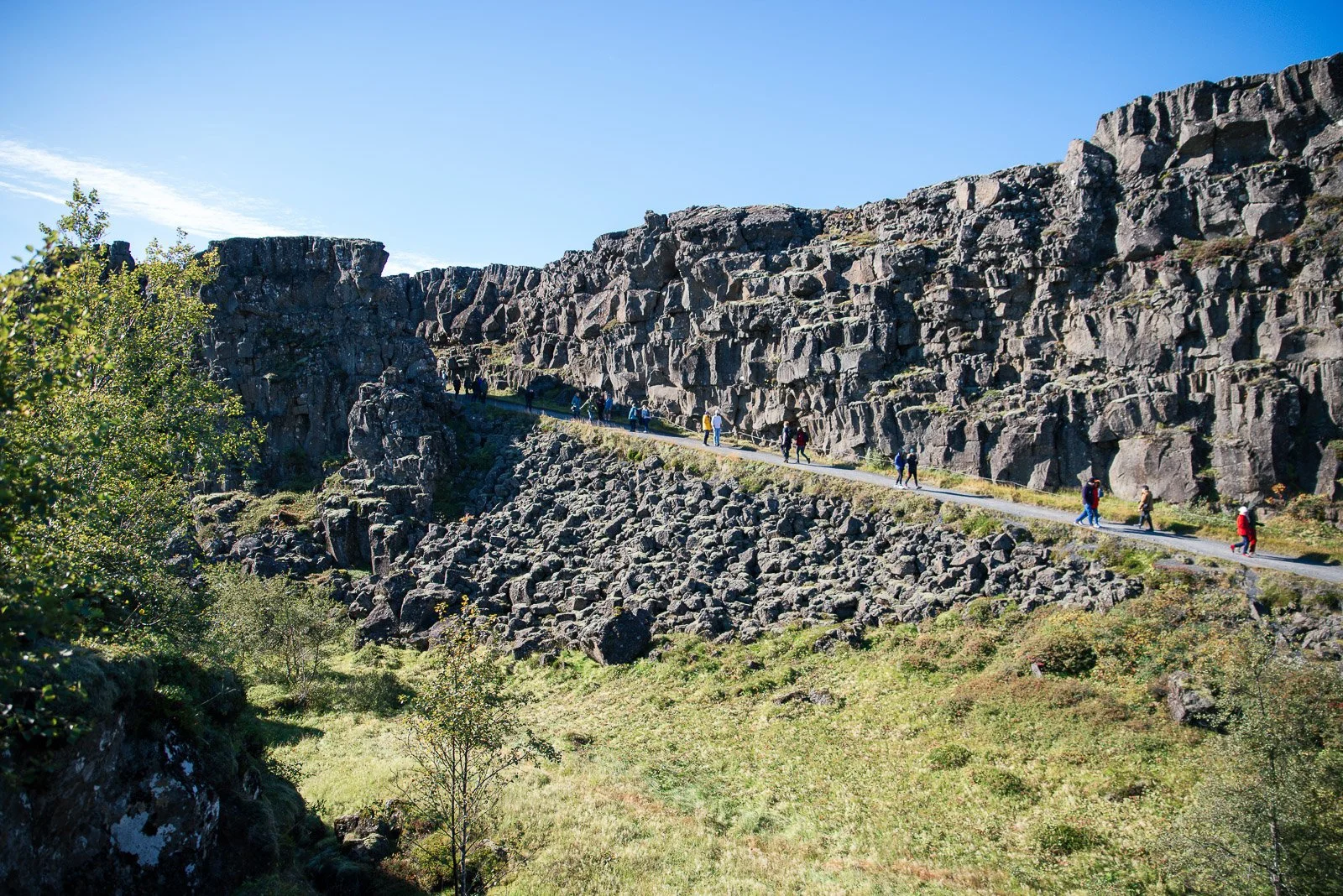 Rocky rift valley and walking path in Þingvellir National Park, Iceland