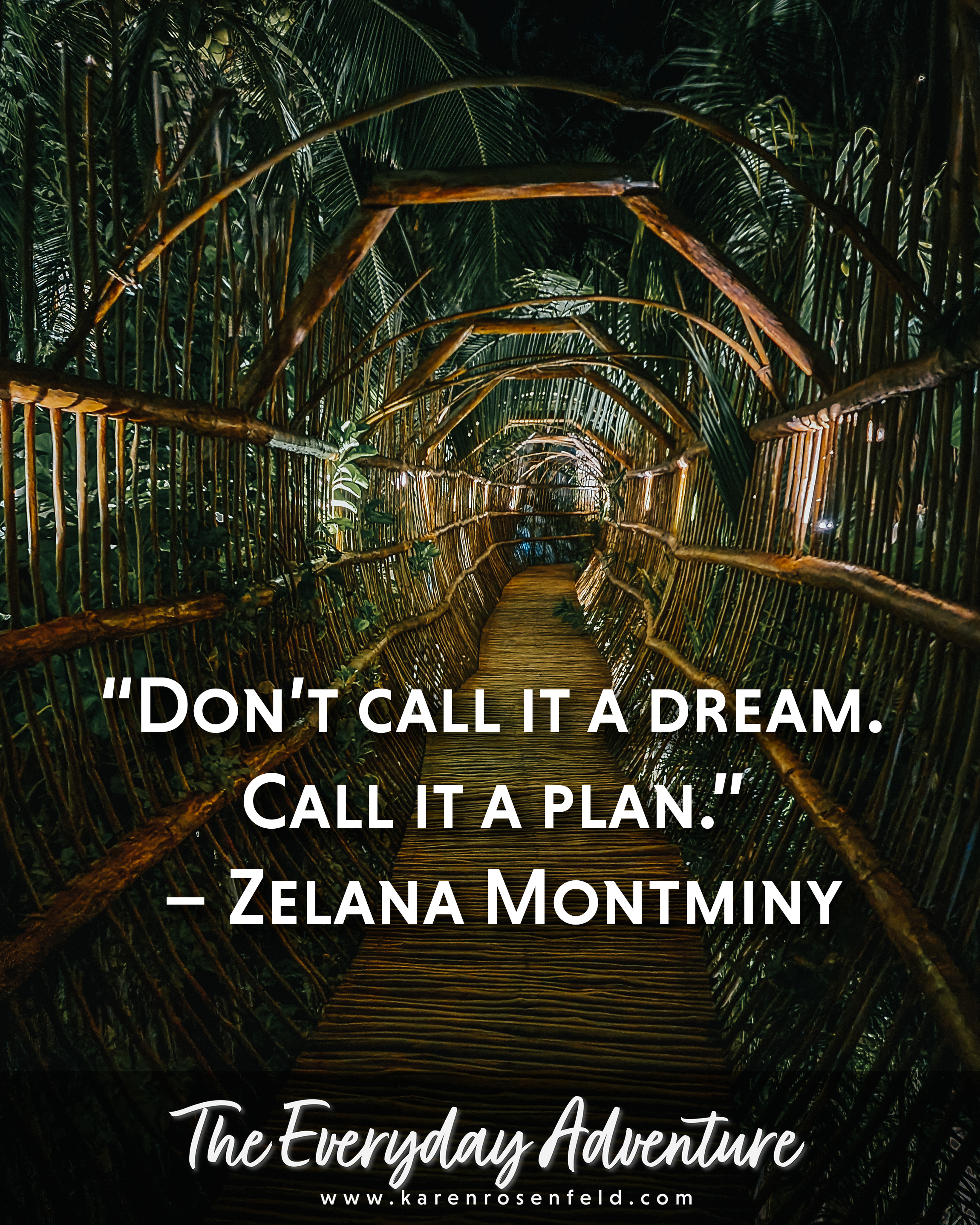 Motivational quote about turning dreams into plans over a photograph of an illuminated bamboo walkway surrounded by tropical vegetation.