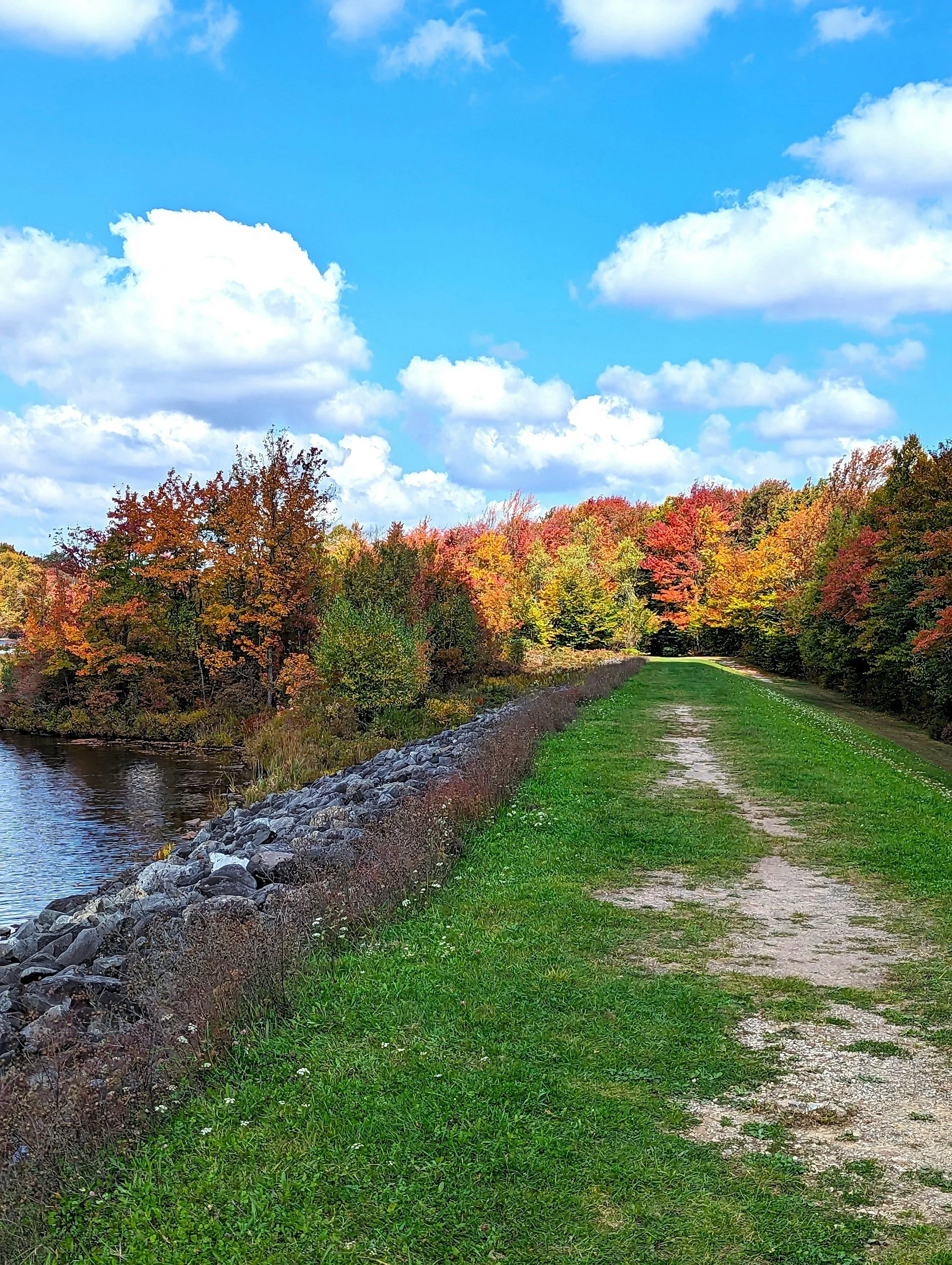 Riverside trail surrounded by colorful fall foliage in Raleigh, North Carolina