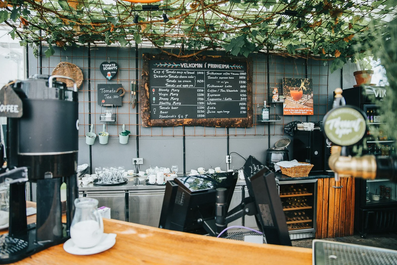 Interior of Friðheimar greenhouse restaurant surrounded by tomato plants in Iceland