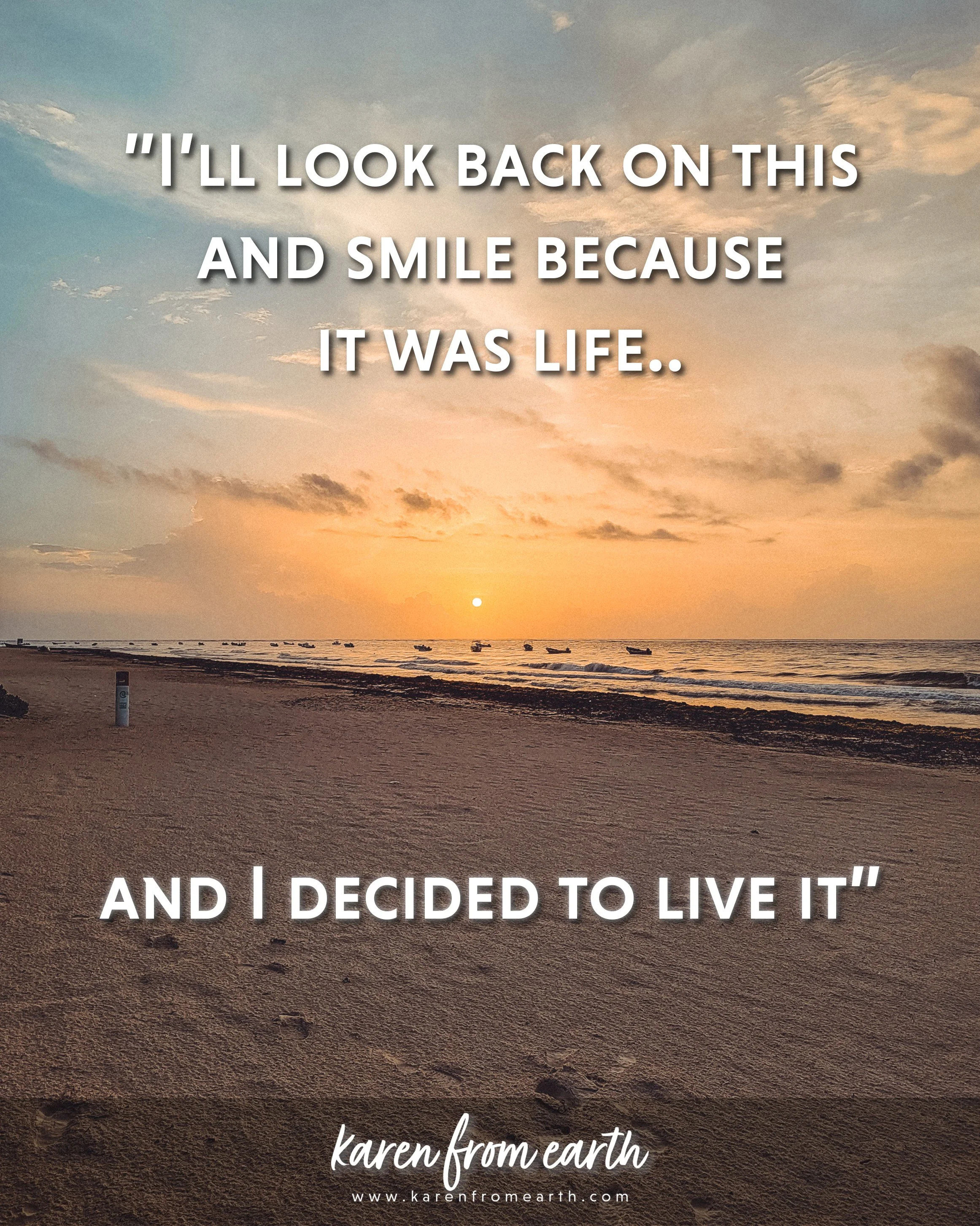 Inspirational quote about looking back on life over a photograph of a peaceful beach and small boats at sunset.