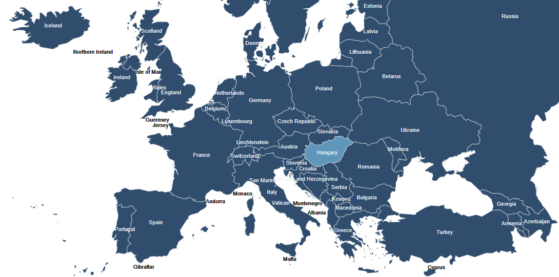 Map of Europe highlighting Hungary