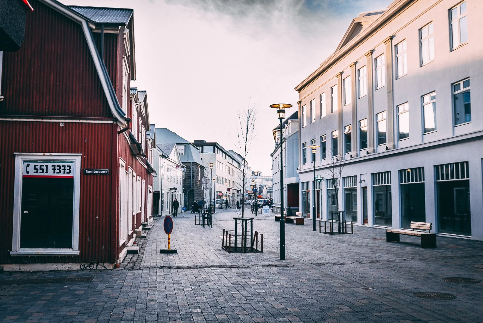 Quiet street lined with colorful buildings in central Reykjavík, Iceland
