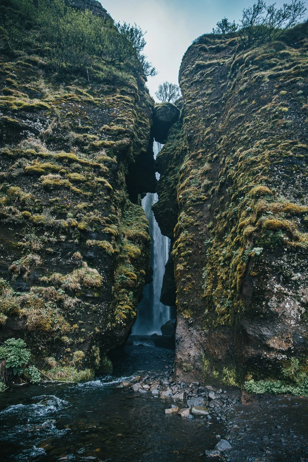 Gljúfrabúi waterfall partially hidden between steep moss-covered cliffs in Iceland