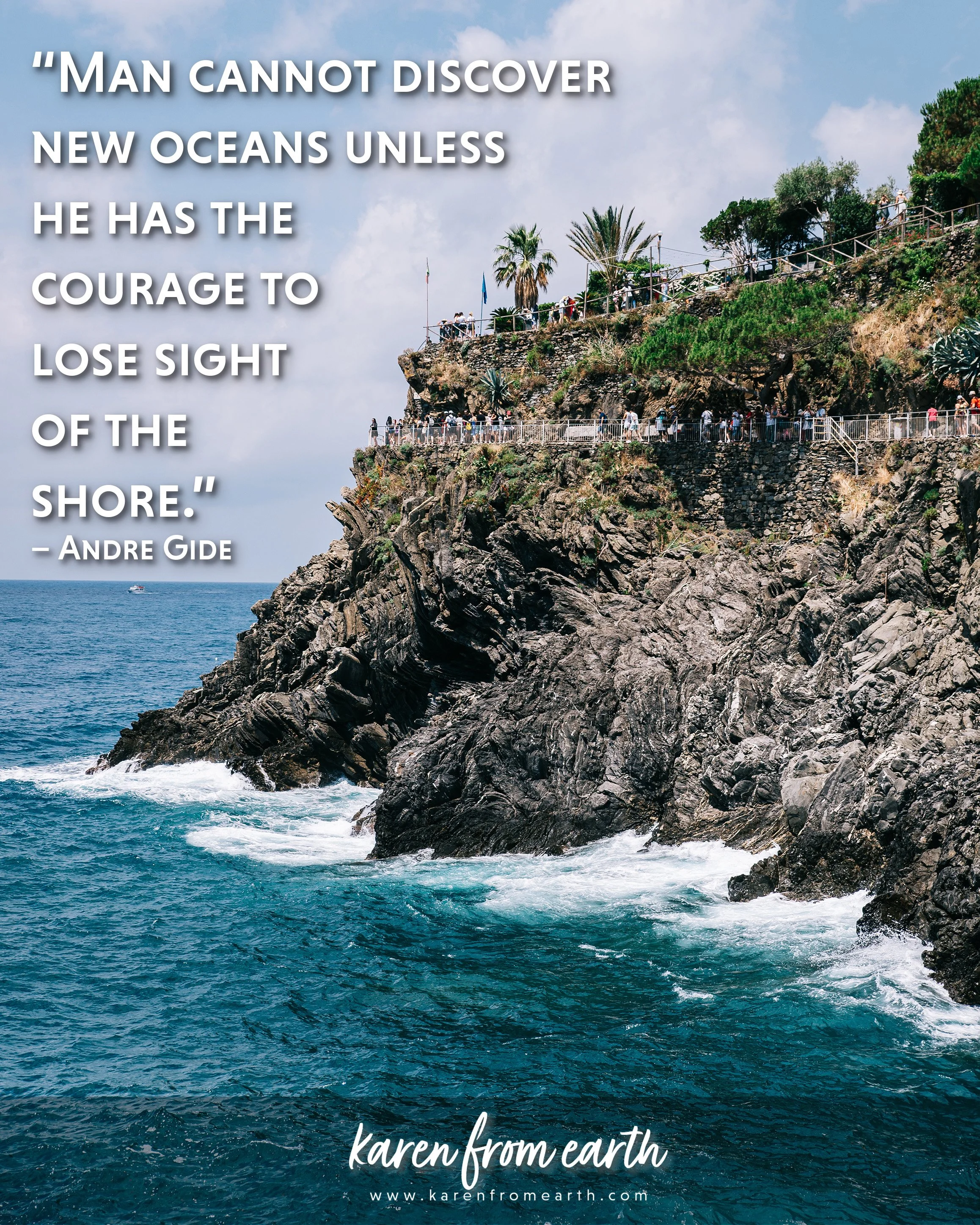 Travel quote by André Gide over a photograph of a rocky coastal viewpoint overlooking the blue Mediterranean Sea.