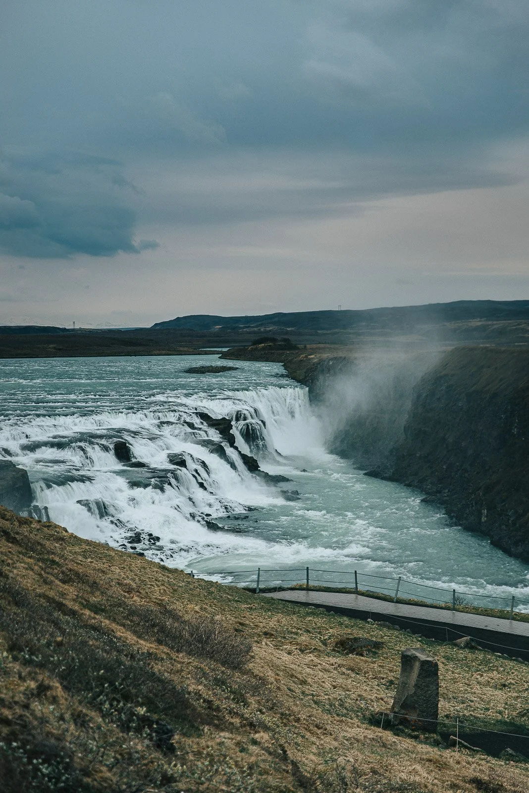 Wide view of Gullfoss waterfall cascading through a canyon on Iceland's Golden Circle