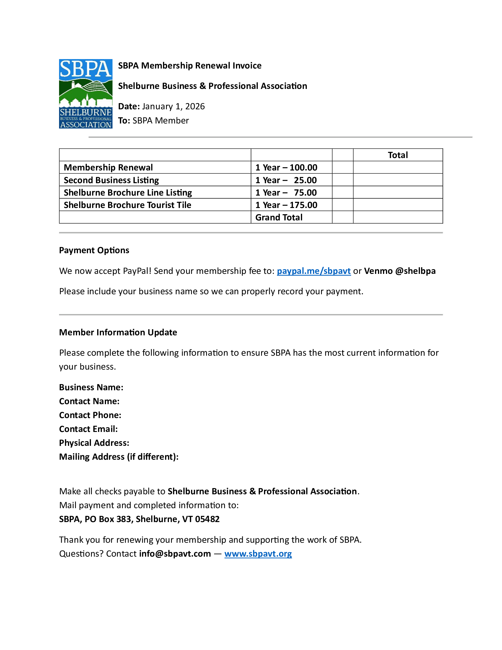 SBPA Renewal Invoice