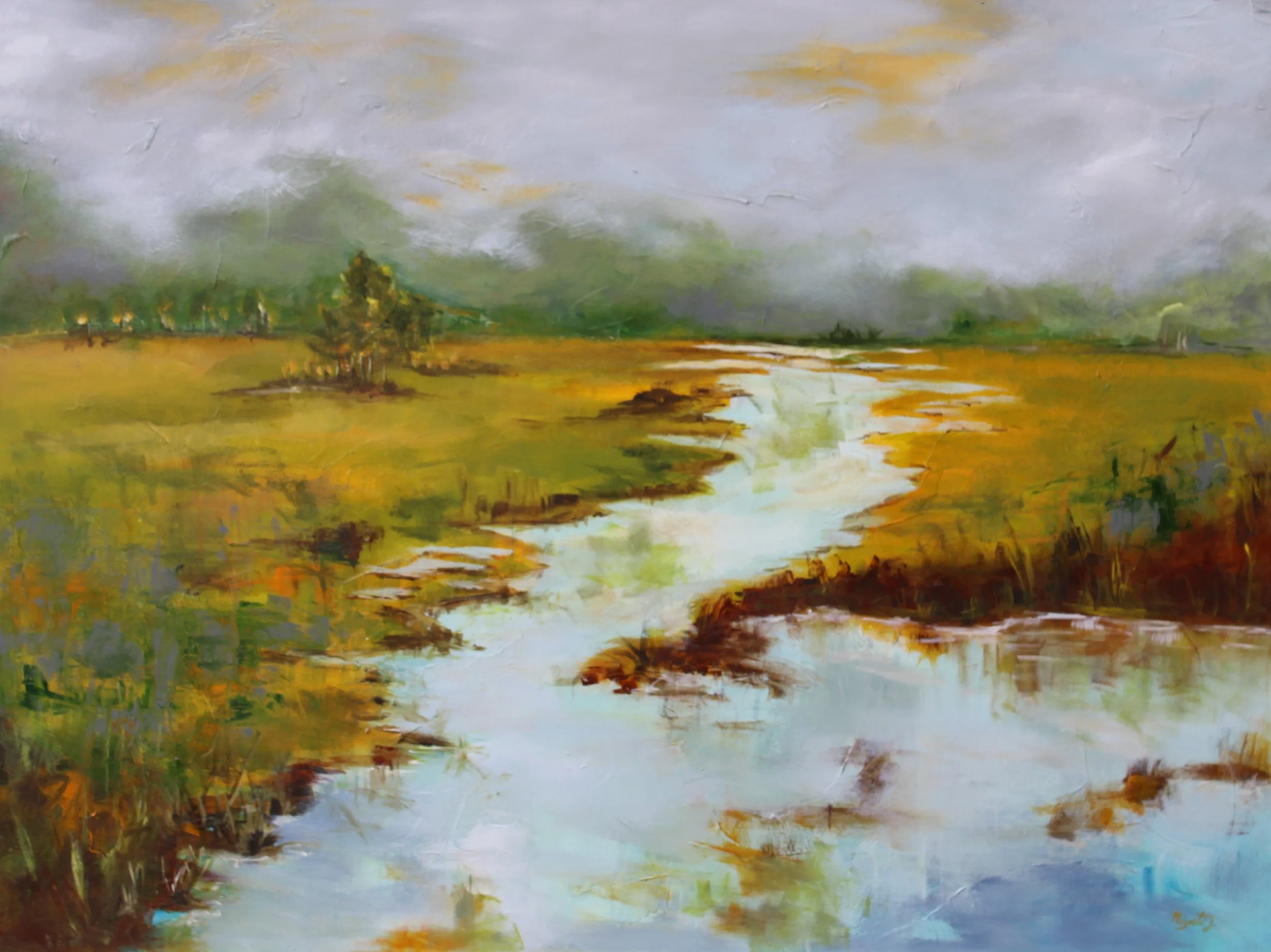 An impressionist painting of a creek winding through a grassy landscape with a cloudy sky.