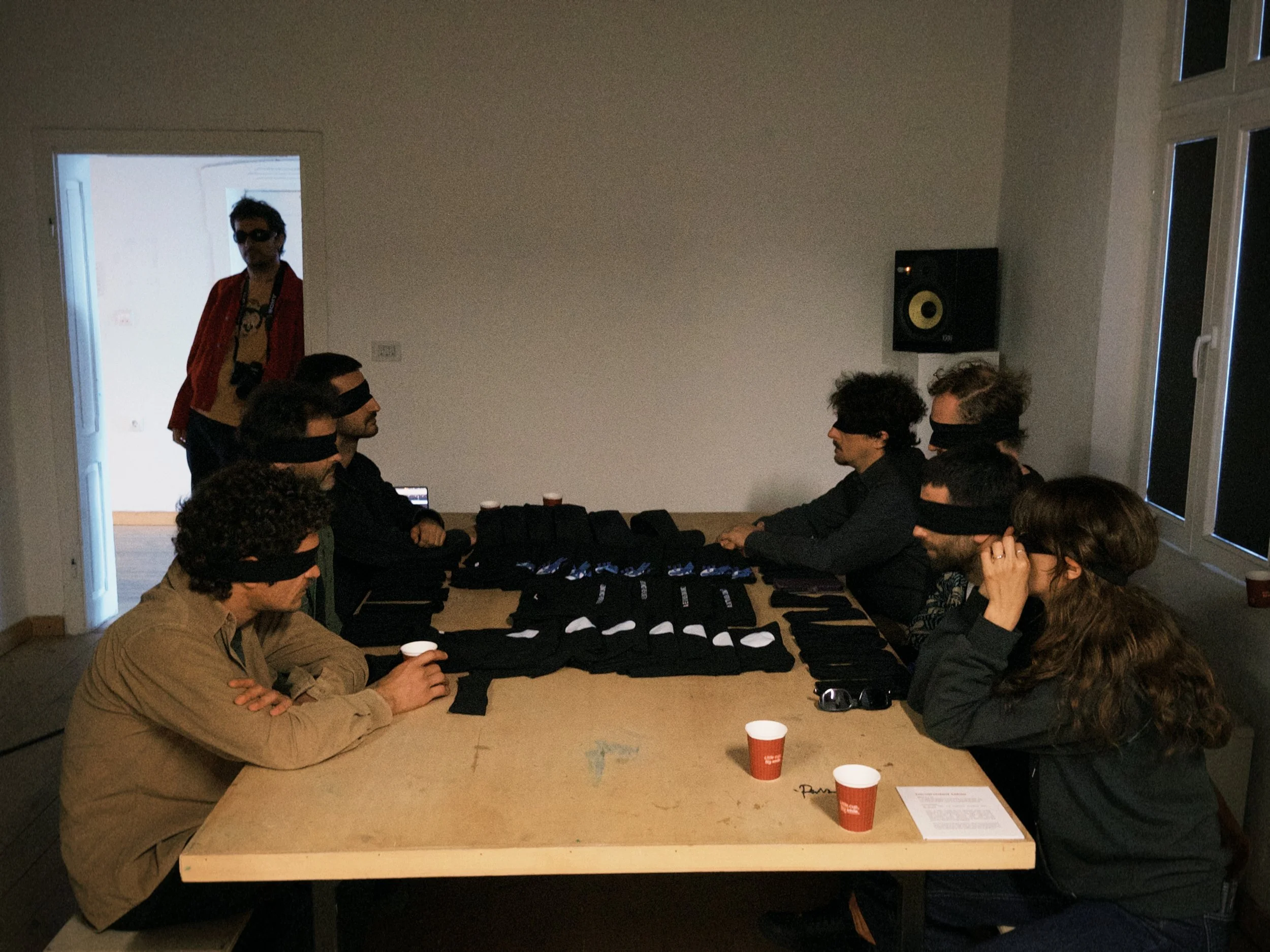 BLINDFOLDED TABLE (blindfolded listening session of La Fazani 'Ekstrovert' LP) - To engage the senses by temporarily removing sight. Eat something blindfolded. Listen to a song blindfolded. Kiss someone blindfolded. Have a conversation blindfolded.
P
