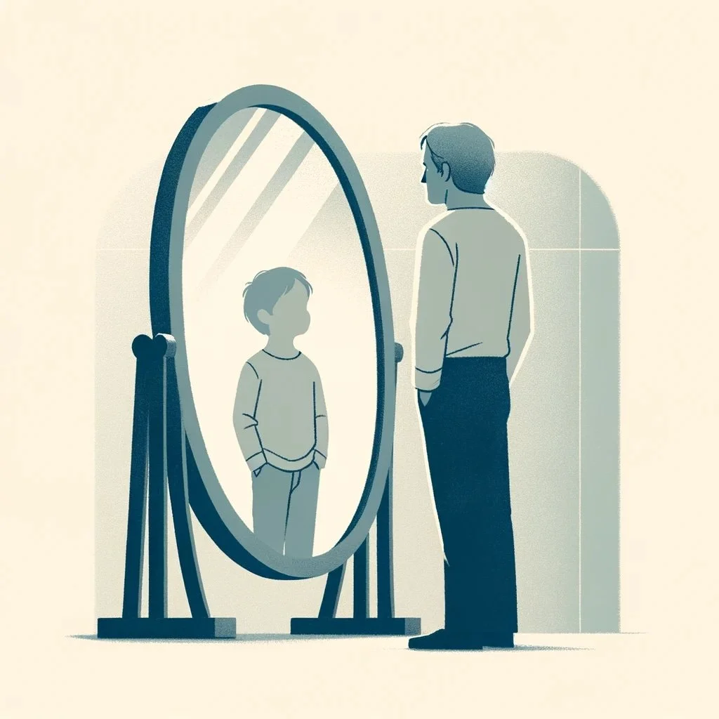 A man sees his younger self reflected in a mirror — a picture of the adaptive child we carry into adulthood.