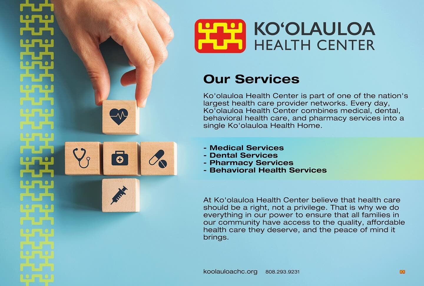 Aloha &lsquo;Ohana!

Ko&rsquo;olauloa Health Center is part of one of the nation&rsquo;s largest healthcare provider networks. Every day, Ko&rsquo;olauloa Health Center combines medical, dental, behavioral health care, and pharmacy services into a si