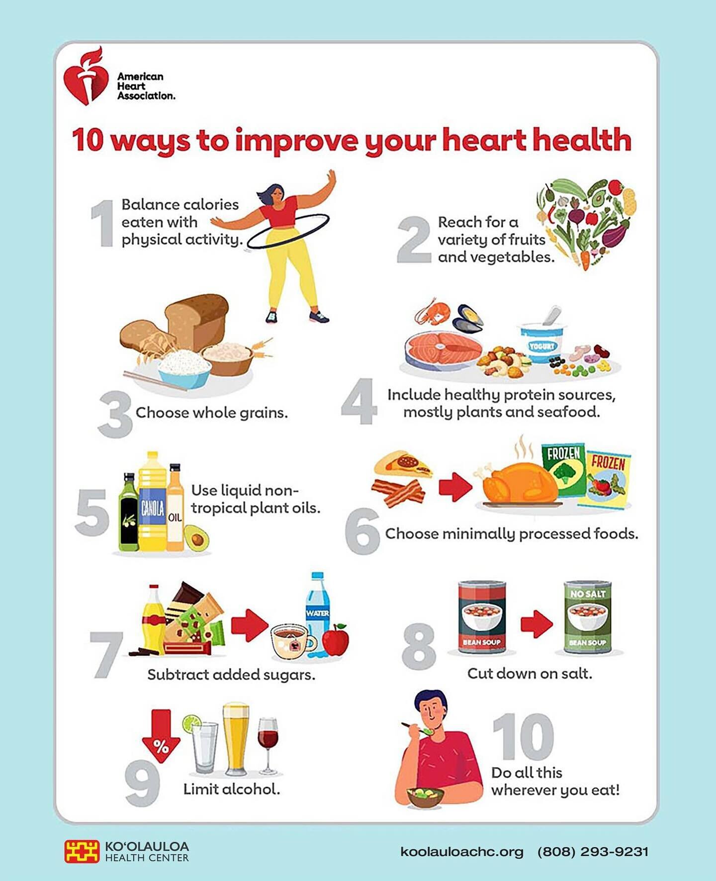 Aloha &lsquo;Ohana!

Here are ten tips to improve your heart health:

- Balance calories with physical activity.
- Reach for a variety of fruits and vegetables.
- Choose whole grains.
- Include healthy protein sources, mostly plants and seafood.
- Us