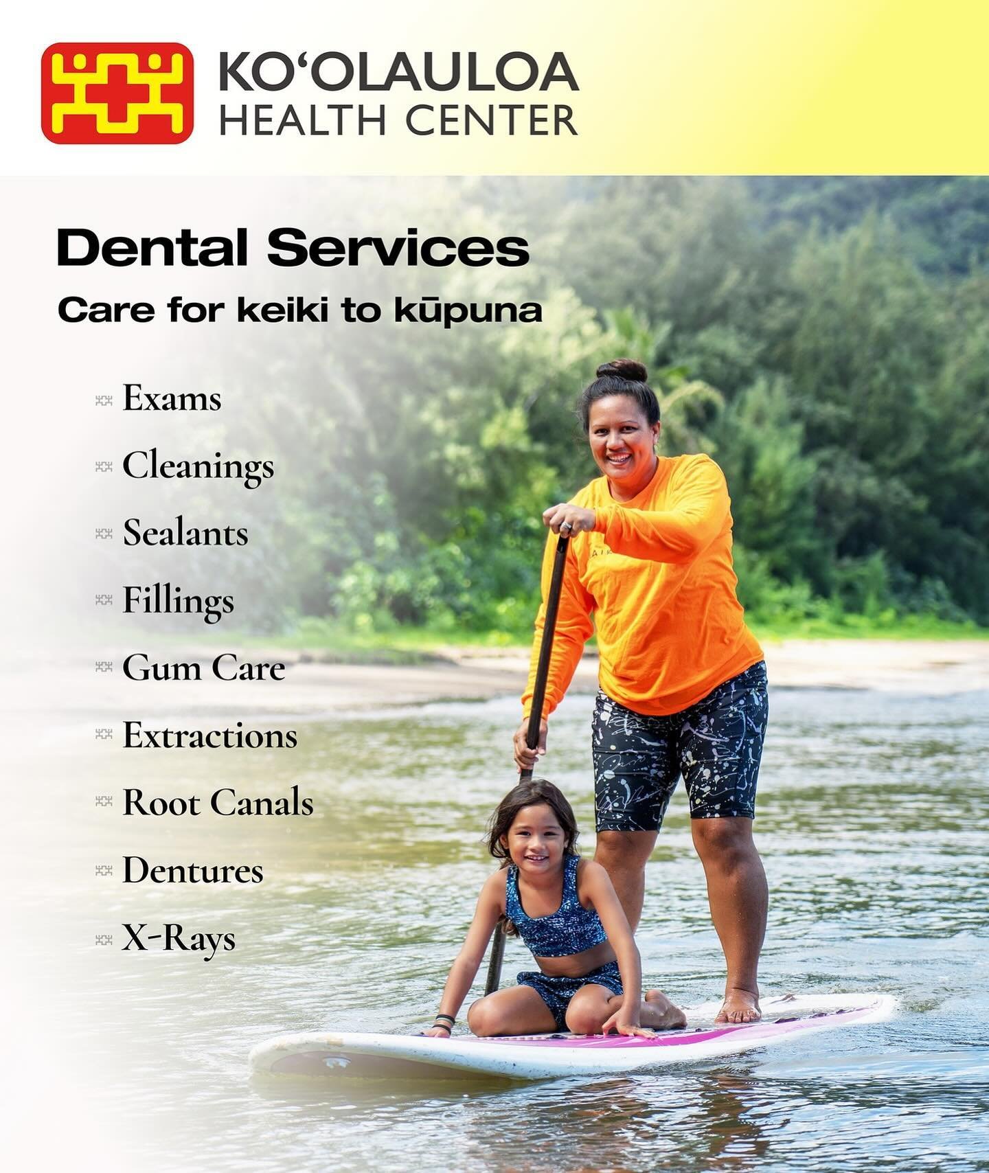 Aloha &lsquo;Ohana!

Ko&rsquo;olauloa Health Center&rsquo;s dental department offers dental services for keiki to kupuna. Our dental services include:

- Exams
- Cleanings
- Sealants
- Fillings
- Gum Care
- Extractions
- Root Canals
- Dentures
- X-Ra