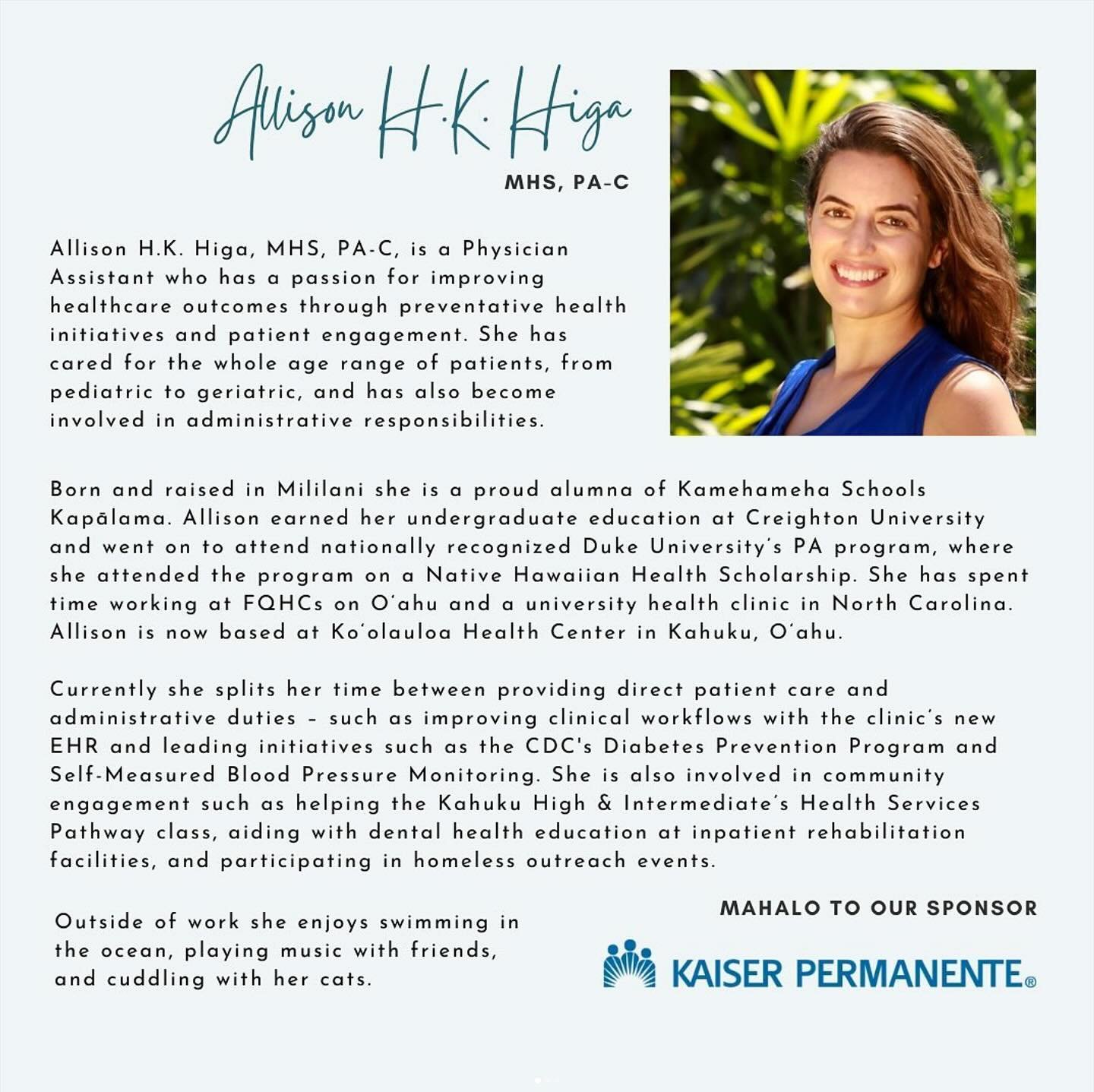 Aloha &lsquo;Ohana!

We are very proud to announce that KHC&rsquo;s Allison H.K. Higa will be speaking at the upcoming Hoʻōla 2024 Conference. Way to go Allison!

The Hoʻōla 2024 Conference is organized by Hawaii Primary Care Association and focuses 