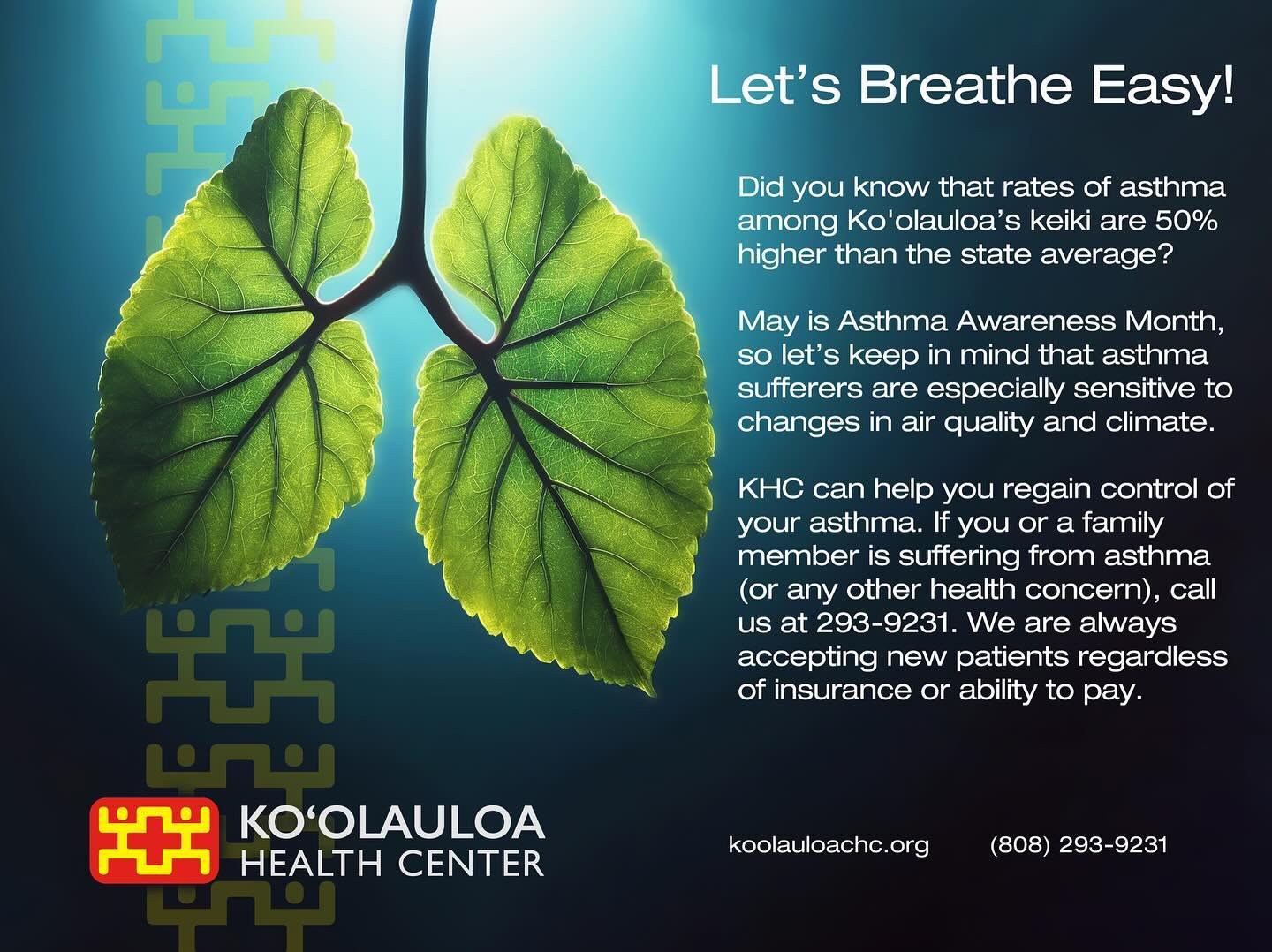 Aloha &lsquo;Ohana,

Did you know that rates of asthma among Ko&rsquo;olauloa&rsquo;s keiki are 50% higher than the state average?

May is Asthma Awareness Month, so let&rsquo;s keep in mind that asthma sufferers are especially sensitive to changes i