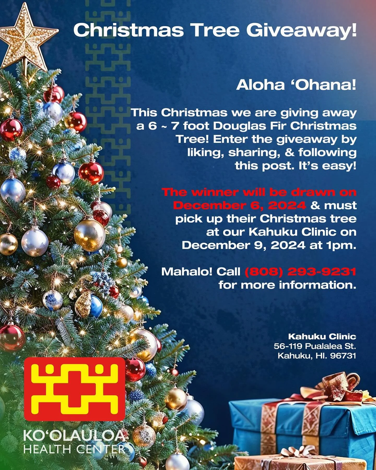 KHC Christmas Tree Giveaway!

Aloha &lsquo;Ohana!

This Christmas we are giving away a 6 ~ 7 foot Douglas Fir Christmas Tree! Enter the giveaway by liking, sharing, &amp; following this post. It&rsquo;s easy!

The winner will be drawn on December 6, 