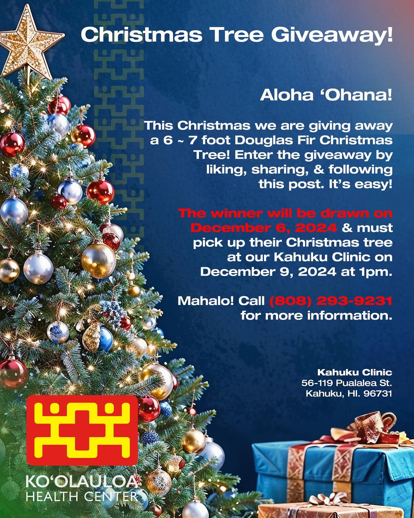 Aloha &lsquo;Ohana!

This Christmas we are giving away a 6 ~ 7 foot Douglas Fir Christmas Tree! Enter the giveaway by liking, sharing, &amp; following this post. It&rsquo;s easy!

The winner will be drawn on December 6, 2024 &amp; must pick up their 