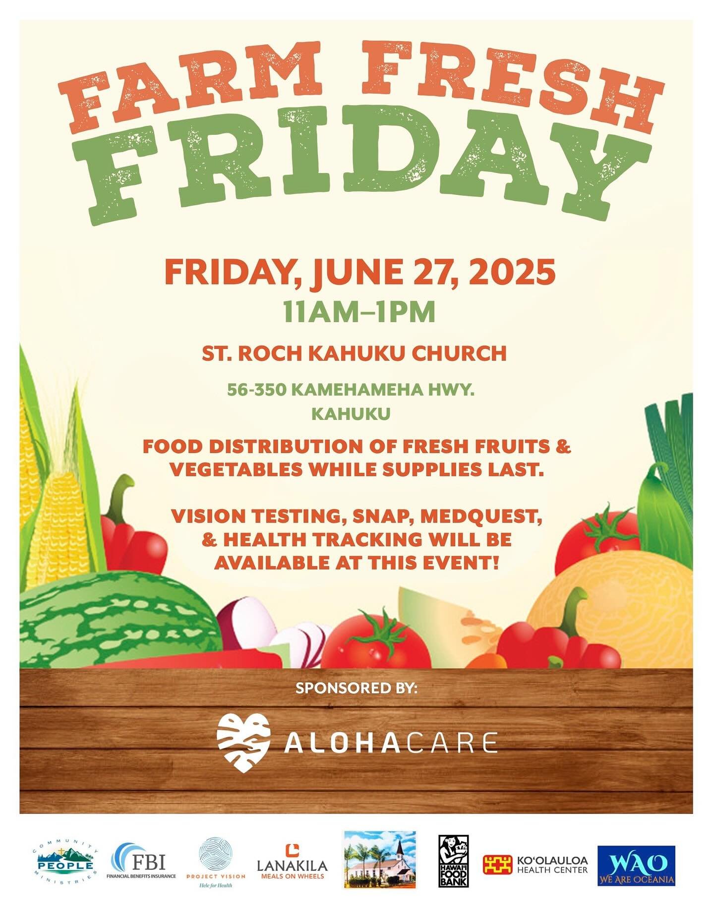 Aloha &lsquo;Ohana!

Here is an important PSA: KHC is proud to announce that we will be a part of Aloha Care&rsquo;s upcoming &ldquo;Farm Fresh Friday&rdquo; event. Farm Fresh Friday is an outreach program focused on providing free bags of fresh, loc