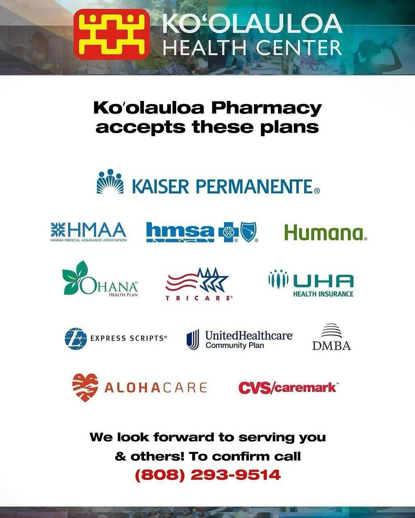 Aloha &lsquo;Ohana!

Do you recognize any of these logos? If you do these are the drug plans that are accepted at Ko&rsquo;olauloa Pharmacy.

We look forward to serving you. See you soon!

Call (808) 293-9514 or visit www.koolauloachc.org for more in