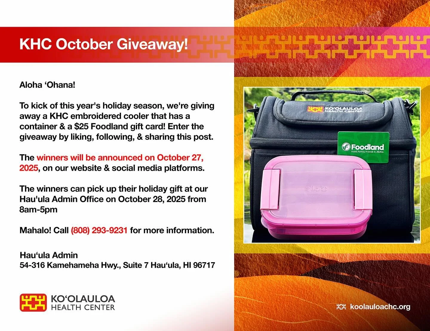 Aloha &lsquo;Ohana!

To kick of this year&rsquo;s holiday season, we&rsquo;re giving away a KHC embroidered cooler that has a container &amp; a $25 Foodland gift card! Enter the giveaway by liking, following, &amp; sharing this post.

The winners wil