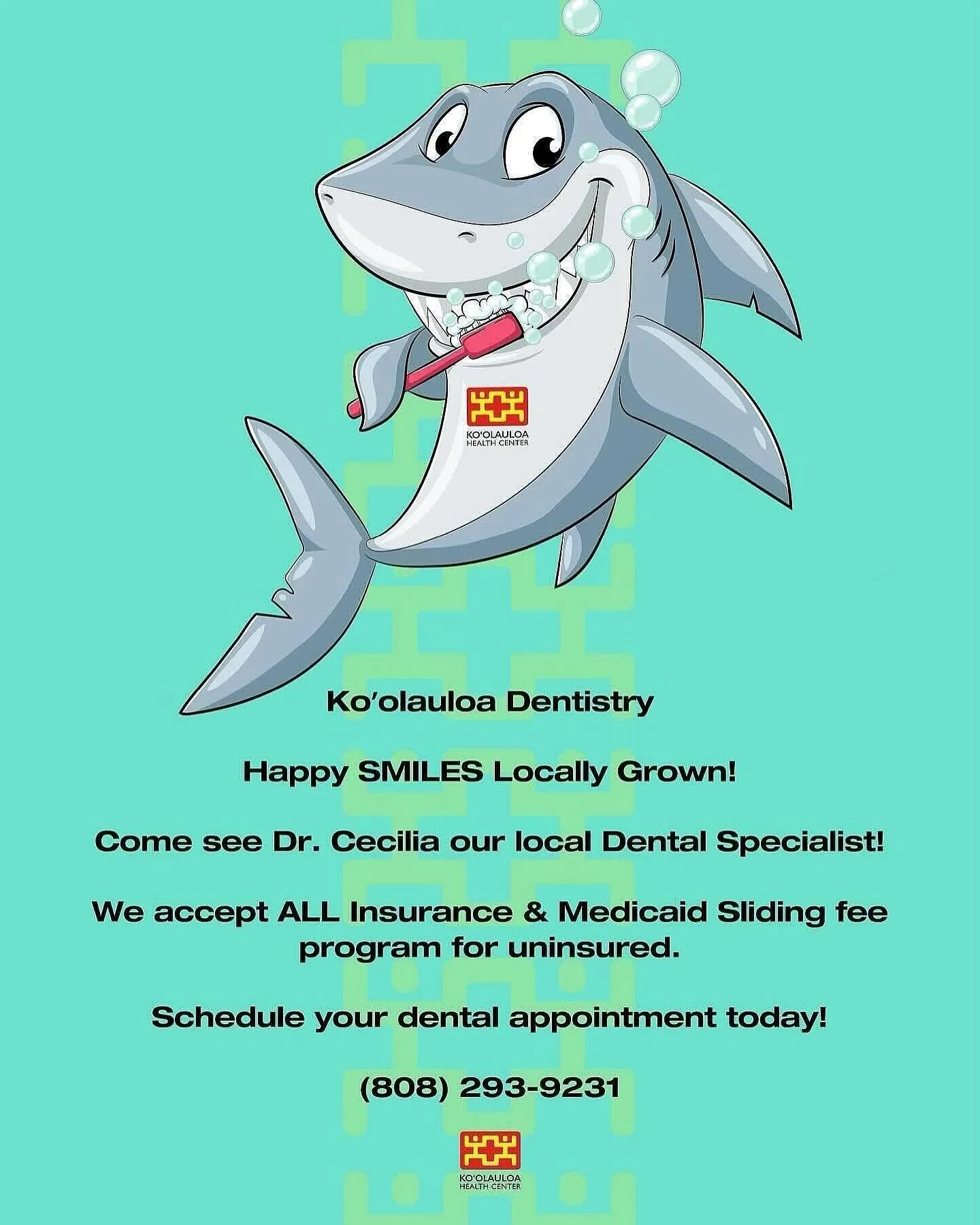 Aloha ʻOhana!

You have a reason to smile!

Ko&rsquo;olauloa Dentistry : Happy SMILES Locally Grown!

Come see Dr. Cecilia our local Dental Specialist! We accept ALL Insurance &amp; Medicaid Sliding fee program for uninsured. Call (808) 293-9231 to s